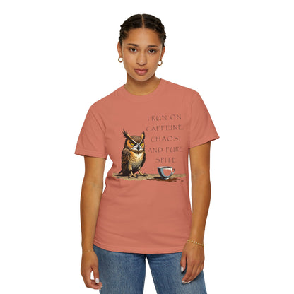 Owl & Coffee T‑Shirt — "I Run On Caffeine, Chaos, And Pure Spite" Graphic Tee