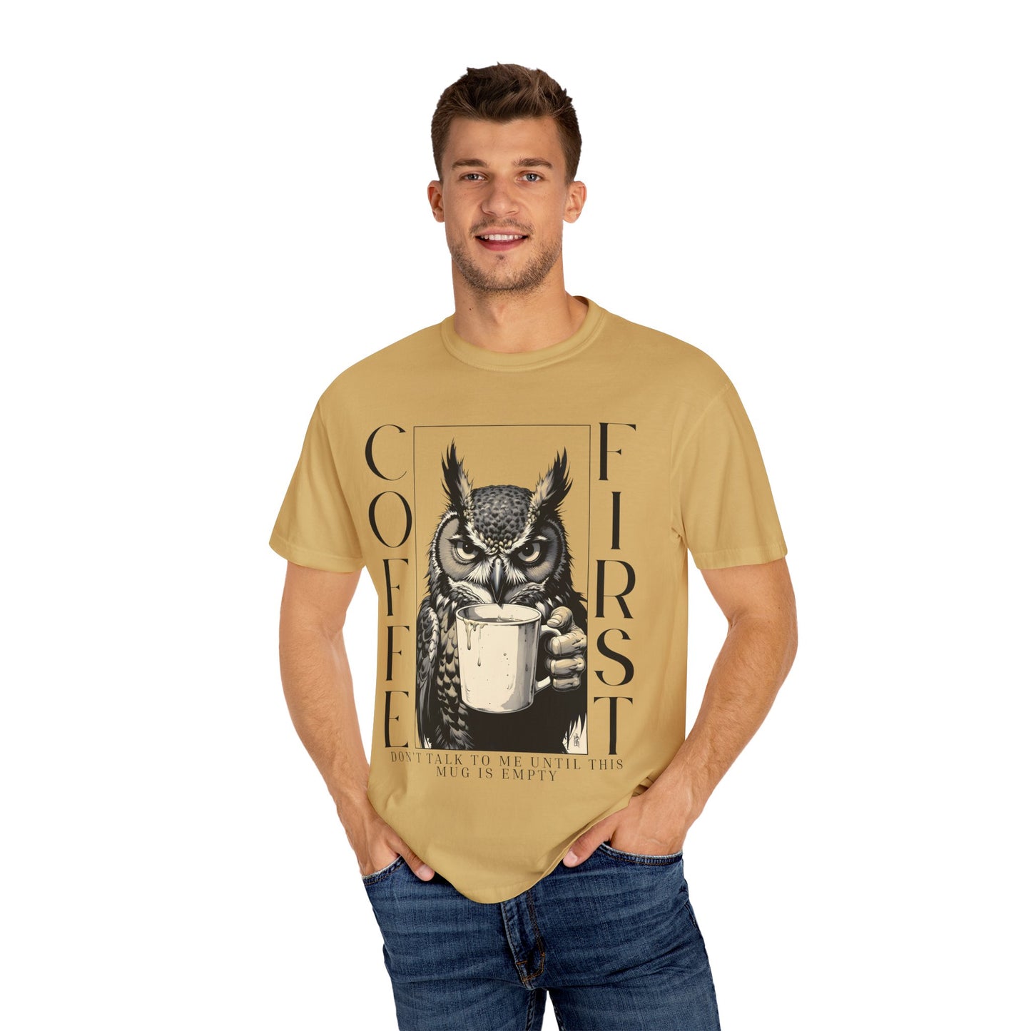 Coffee First Owl T-Shirt — Funny Morning Coffee Tee