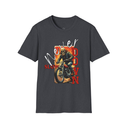 Never Slow Down Motorcycle T-Shirt - Unisex Softstyle Graphic Tee,biker, scull ,twisted
