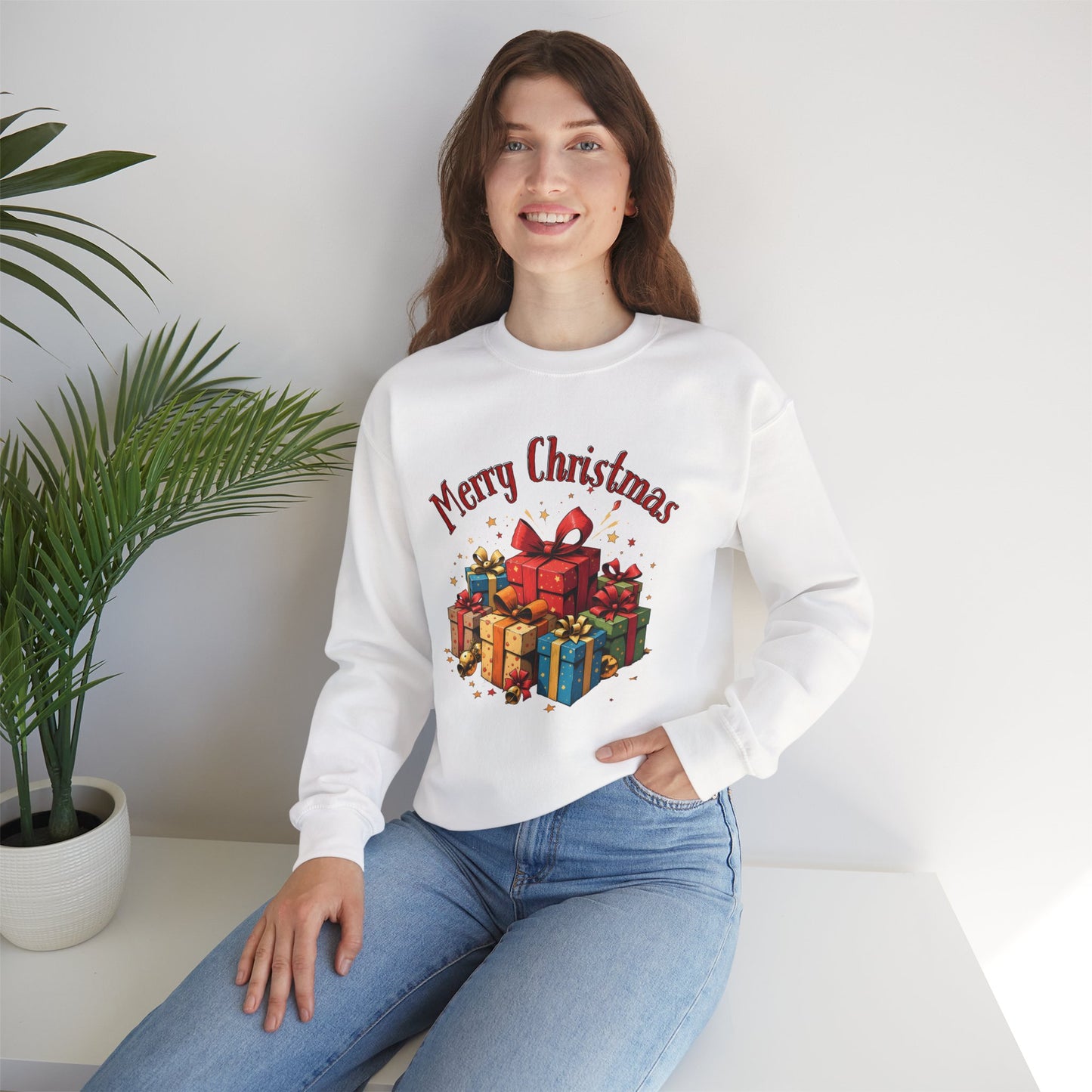 Christmas Crewneck Sweatshirt — "Merry Christmas" with Festive Gift Pile