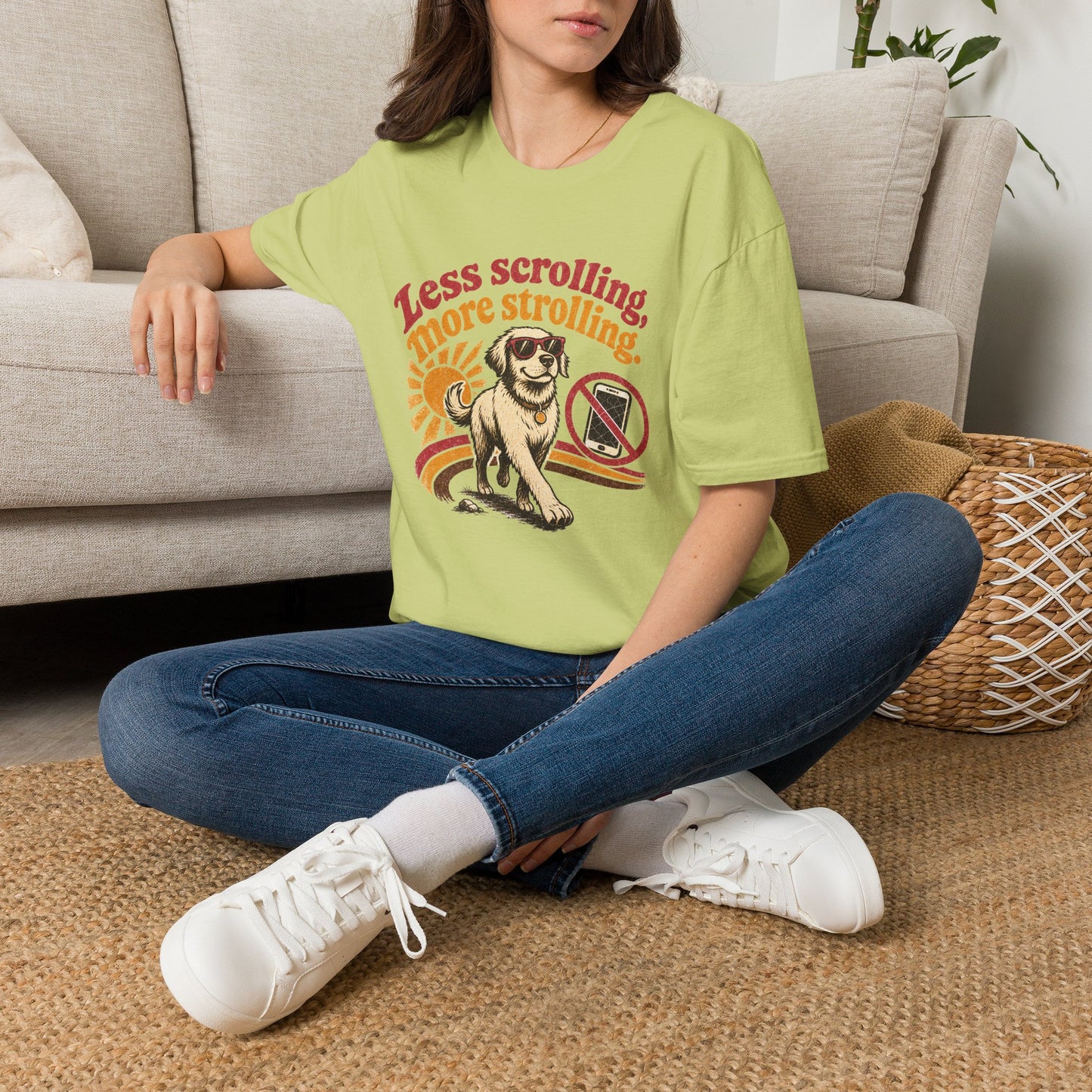 Less Scrolling More Strolling T-Shirt — Retro Dog Walk Graphic Tee