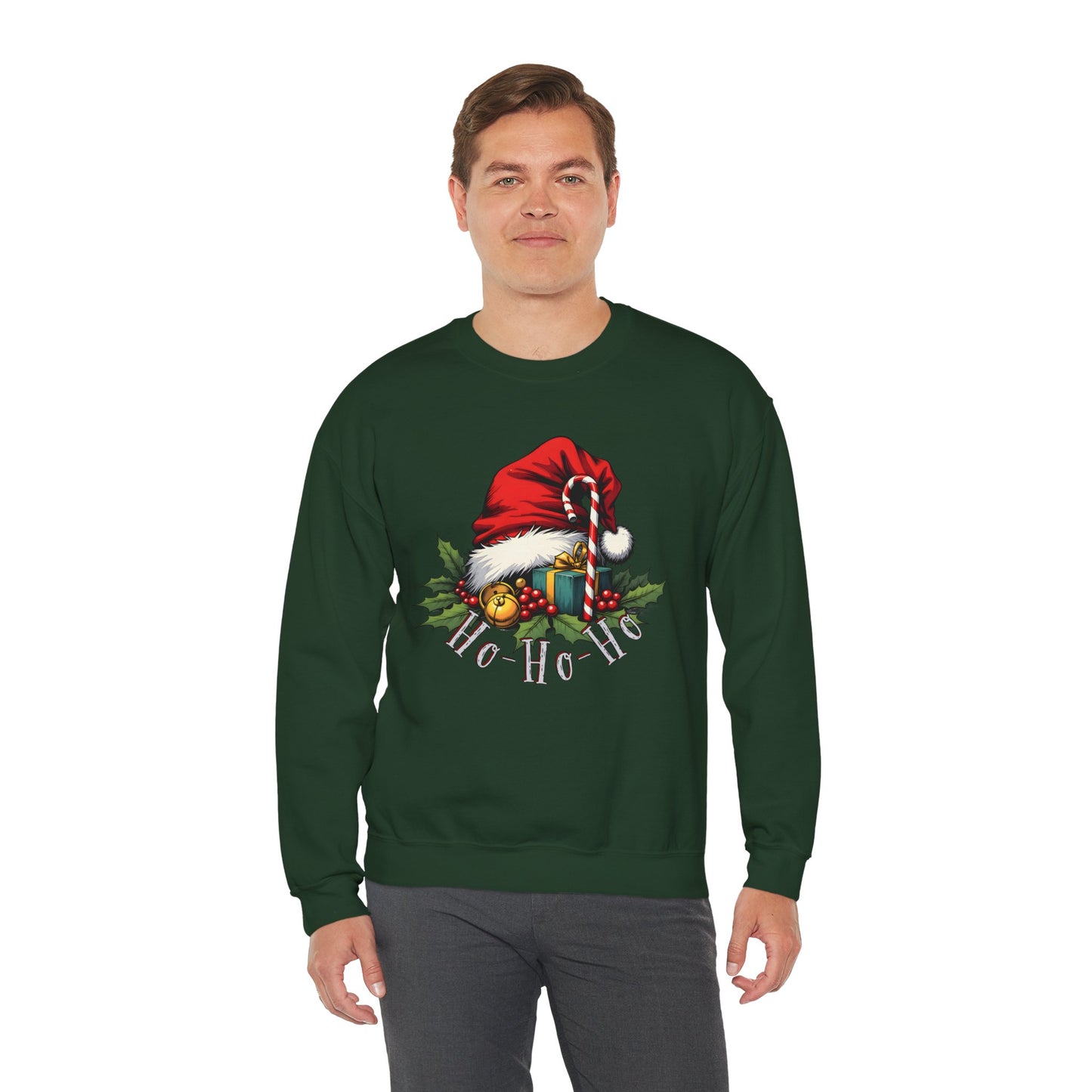 Christmas Sweatshirt - 'Ho-Ho-Ho' Santa Hat & Holly Holiday Crewneck
