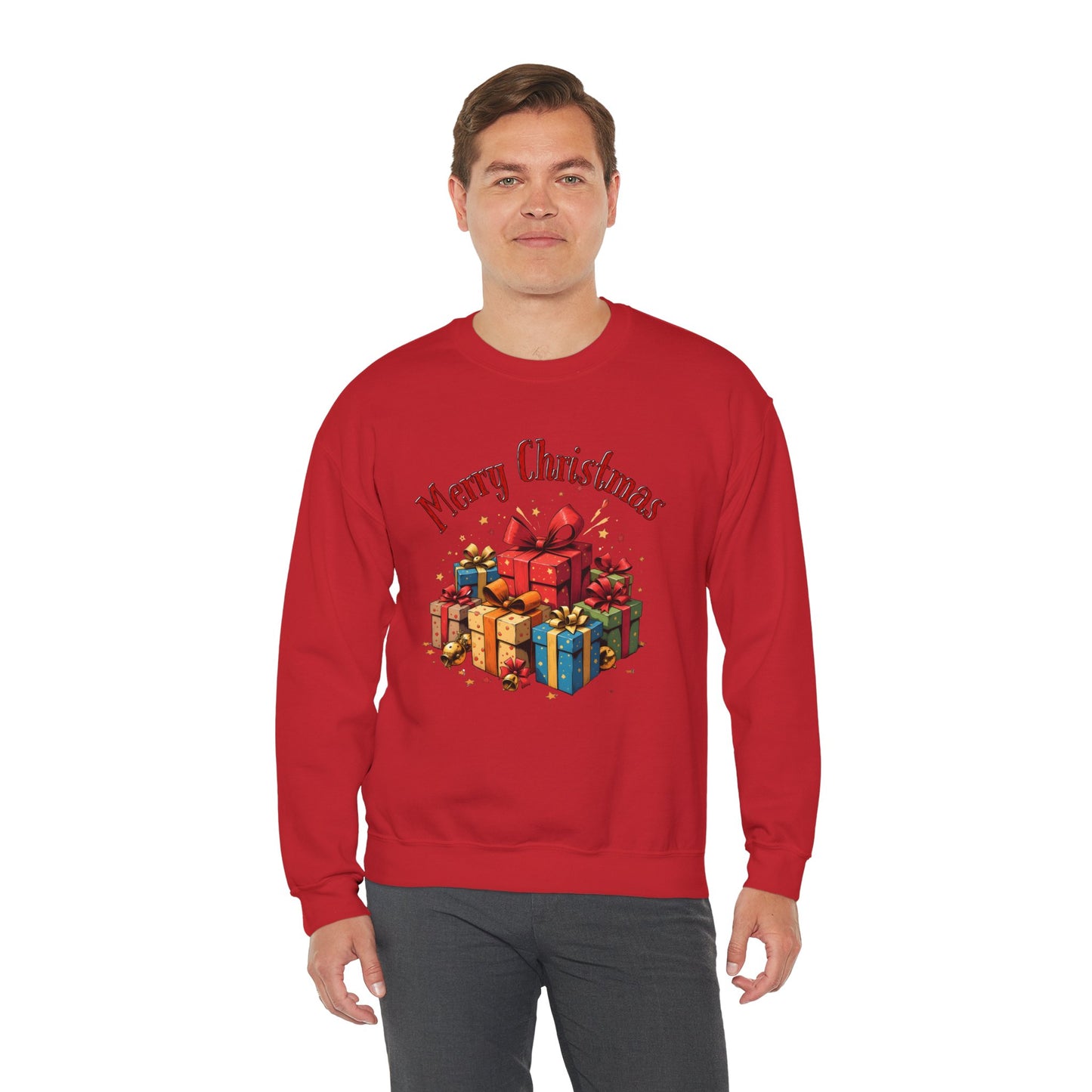 Christmas Crewneck Sweatshirt — "Merry Christmas" with Festive Gift Pile