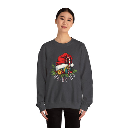 Christmas Sweatshirt - 'Ho-Ho-Ho' Santa Hat & Holly Holiday Crewneck