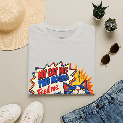 Cat T-Shirt — "My Cat Has Two Moods: Feed Me, Leave Me Alone" Funny Retro Comic Tee