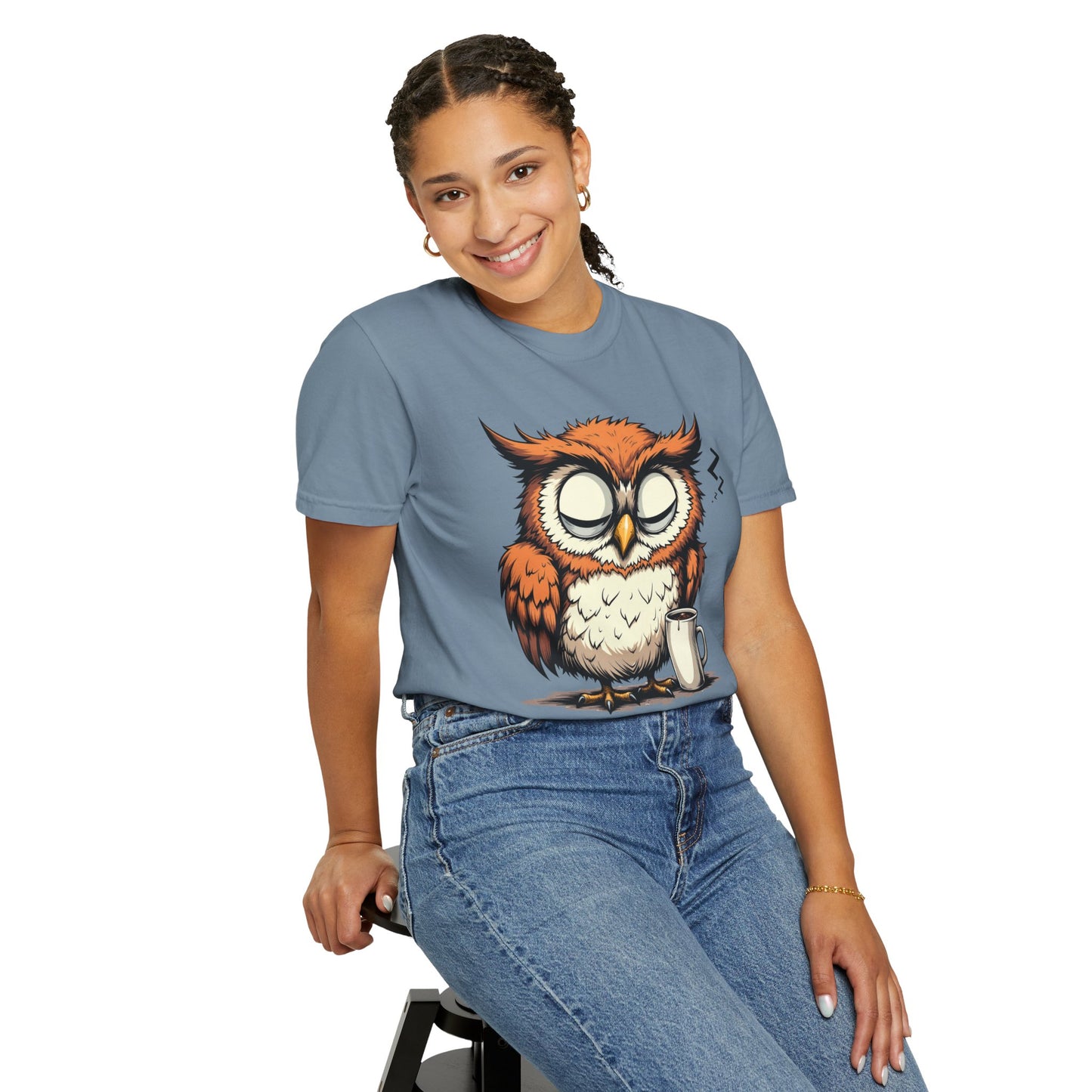 Sleepy Owl Coffee T-Shirt — "Gimme a Minute" Cute Morning Tee