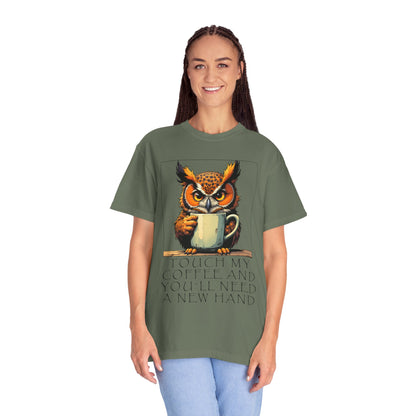 Coffee Owl T‑Shirt - "Touch My Coffee and You'll Need a New Hand" Graphic Tee