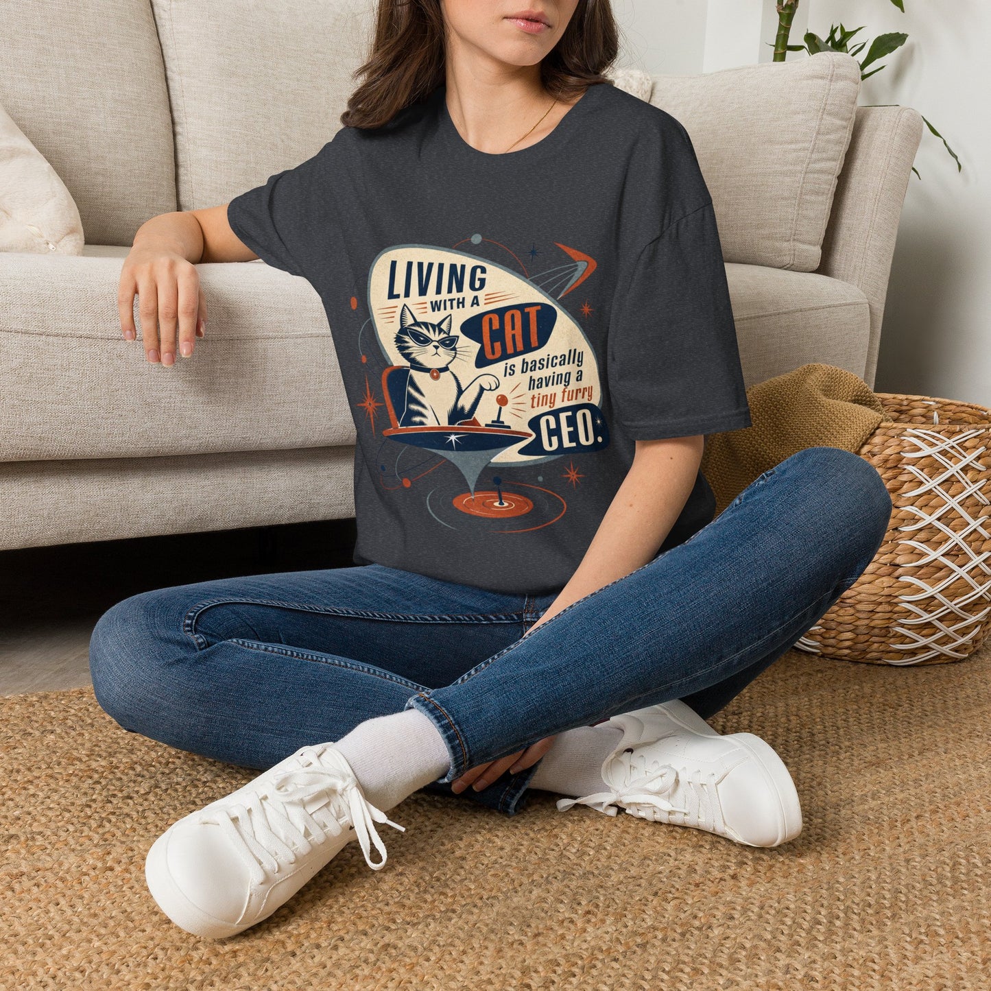 Cat T-Shirt — "Living with a Cat is Basically Having a Furry CEO" Retro Graphic
