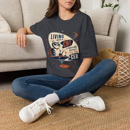 Cat T-Shirt — "Living with a Cat is Basically Having a Furry CEO" Retro Graphic