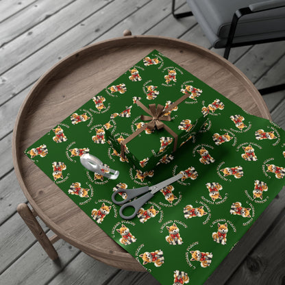 Christmas Corgi Gift Wrap Paper – Green Holiday Wrapping Sheets with Cute Dog Pattern