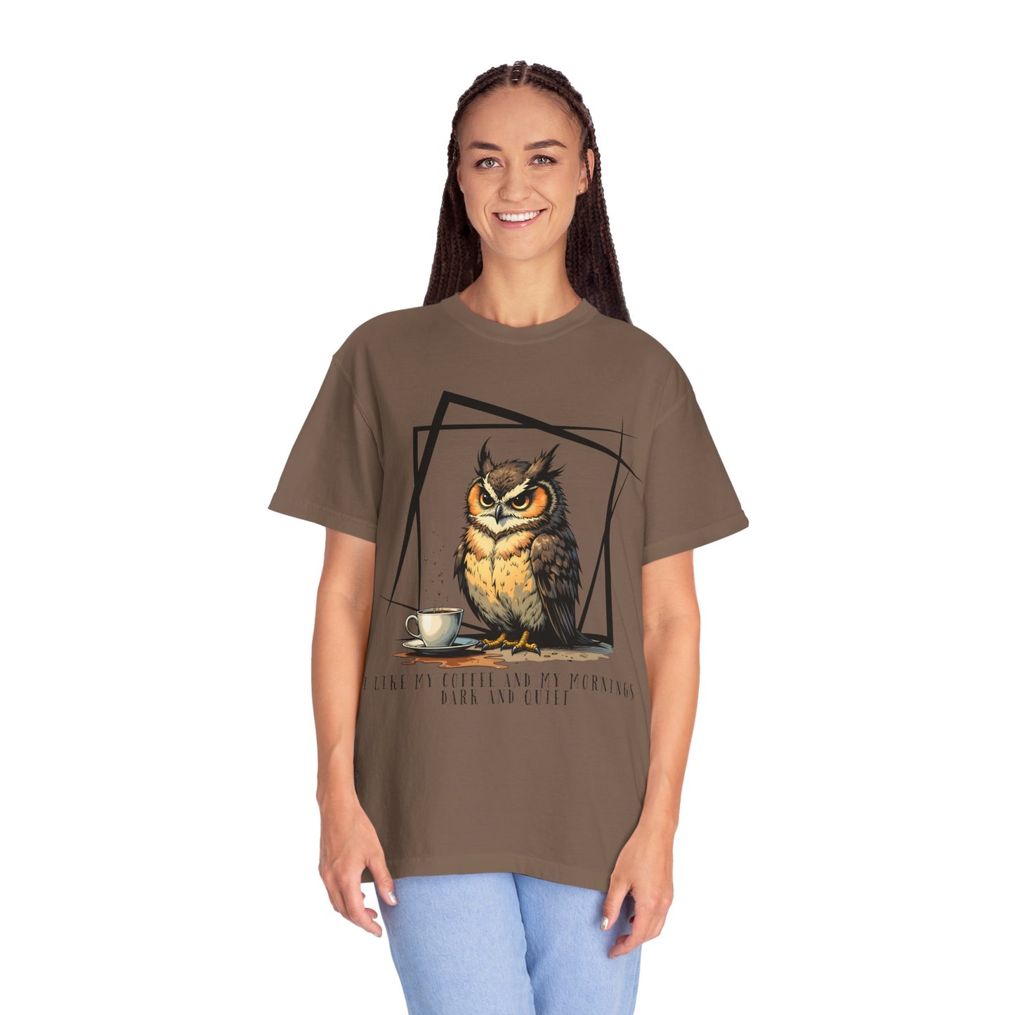 Owl & Coffee Graphic T-Shirt — 'A Day to Coffee and Contemplate'