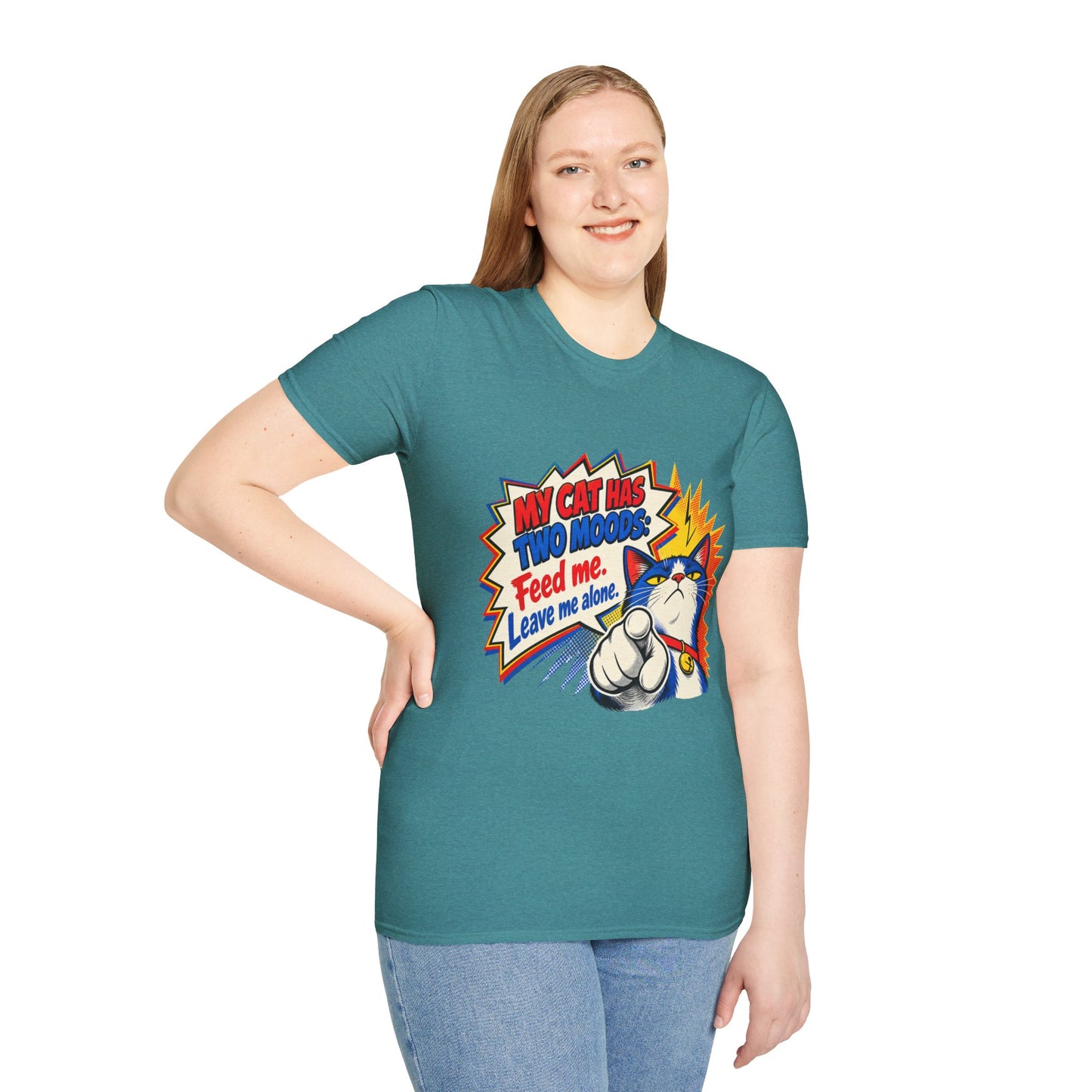 Cat T-Shirt — "My Cat Has Two Moods: Feed Me, Leave Me Alone" Funny Retro Comic Tee