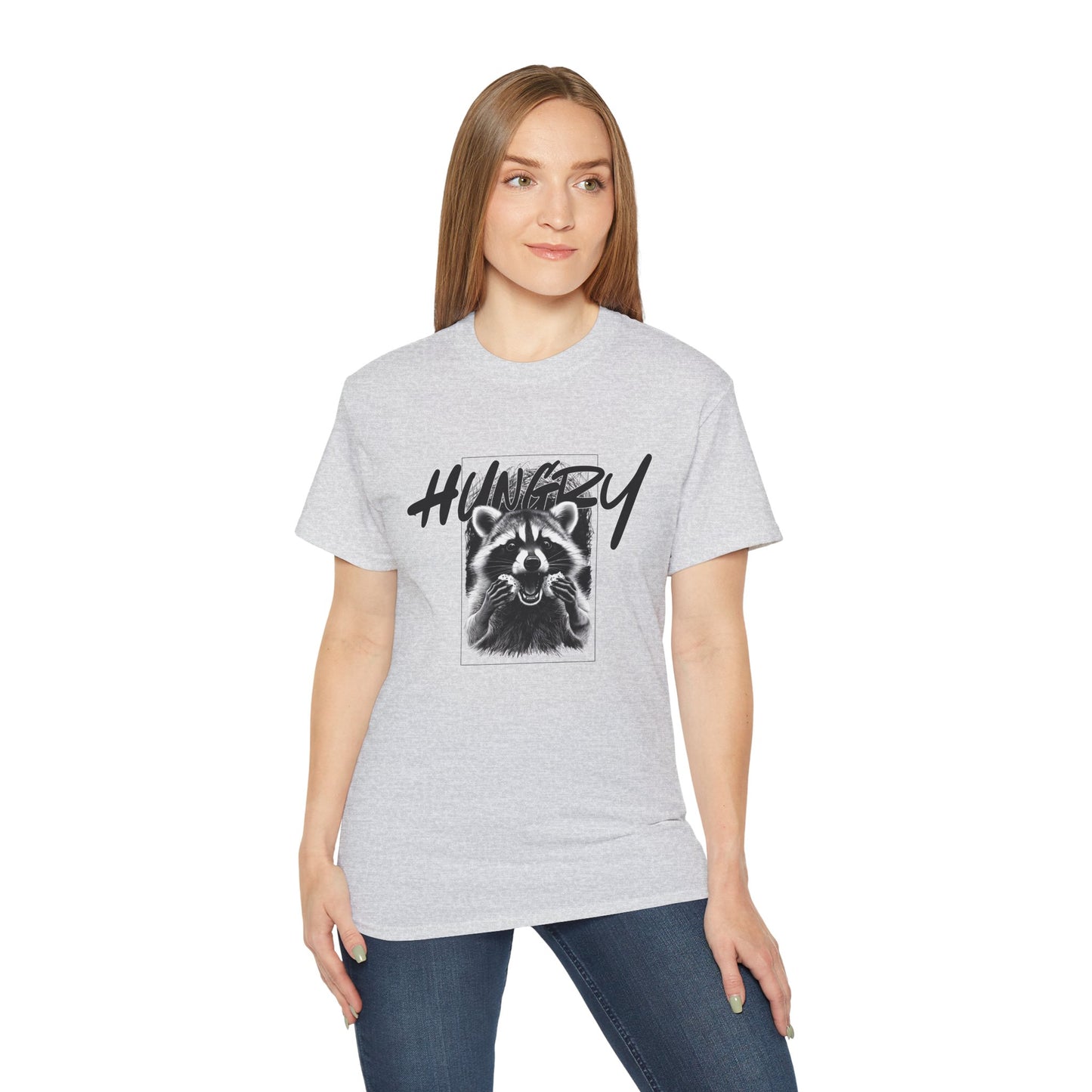 Hungry Raccoon Graphic Tee – Vintage Black & White Animal T-Shirt