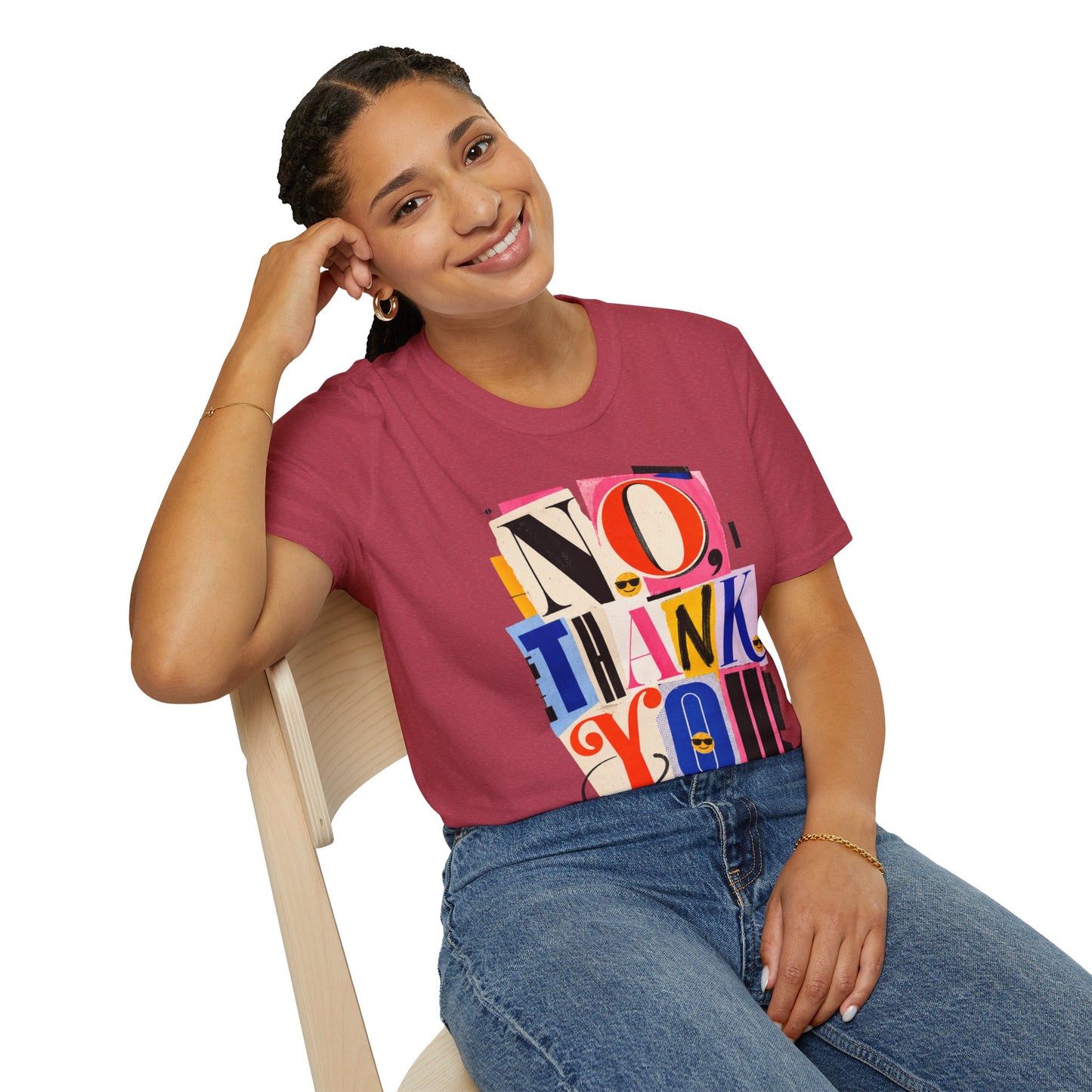No, Thank You Graphic Tee — Colorful Bold Lettering T‑Shirt
