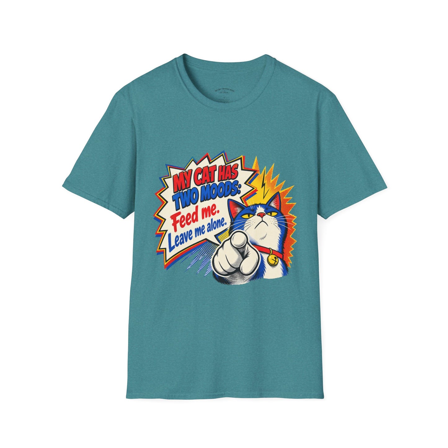 Cat T-Shirt — "My Cat Has Two Moods: Feed Me, Leave Me Alone" Funny Retro Comic Tee