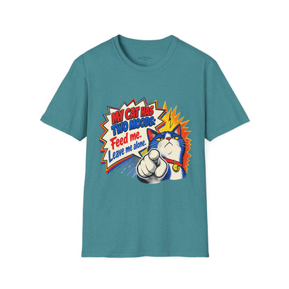Cat T-Shirt — "My Cat Has Two Moods: Feed Me, Leave Me Alone" Funny Retro Comic Tee