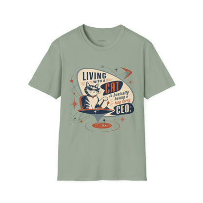 Cat T-Shirt — "Living with a Cat is Basically Having a Furry CEO" Retro Graphic