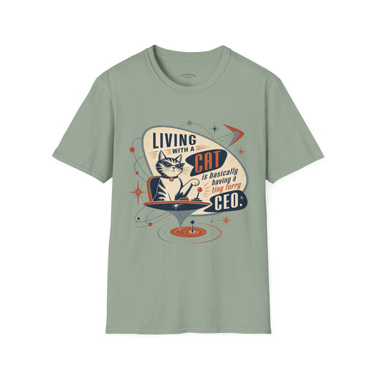 Cat T-Shirt — "Living with a Cat is Basically Having a Furry CEO" Retro Graphic