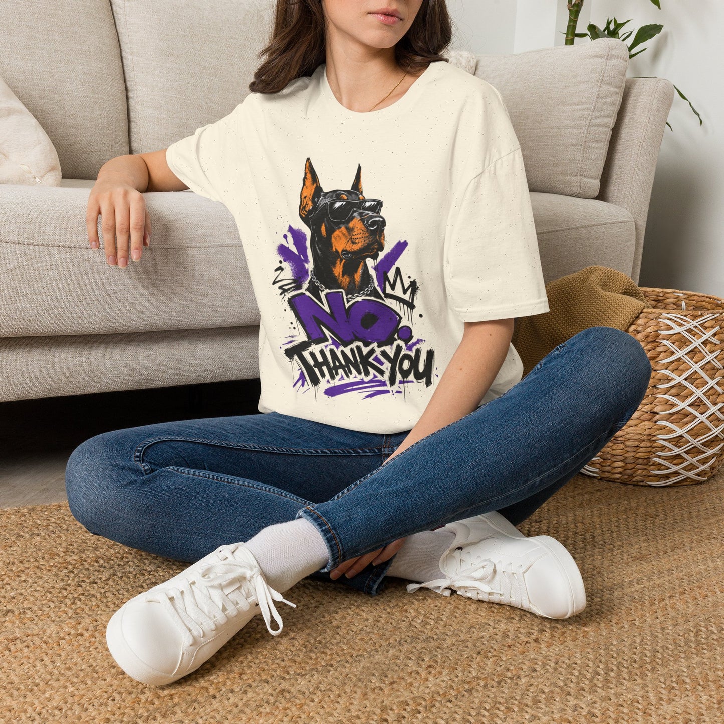 Doberman Graphic Tee — 'No, Thank You' Street Art T-Shirt