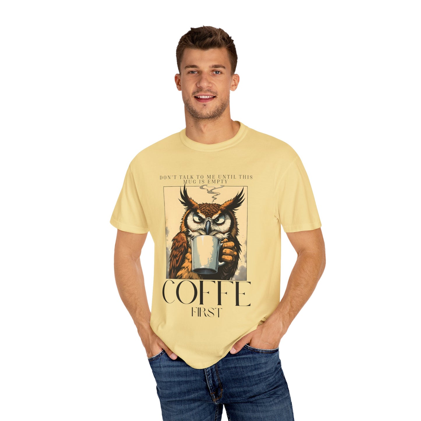 Coffee First Owl T-Shirt — Vintage Coffee Lover Graphic Tee