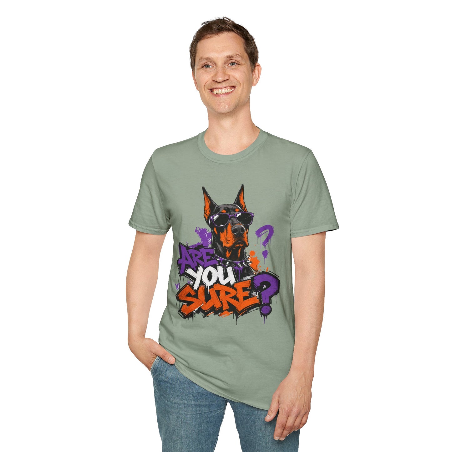 Doberman Graffiti T-Shirt — "You Sure?" Street Art Dog Tee