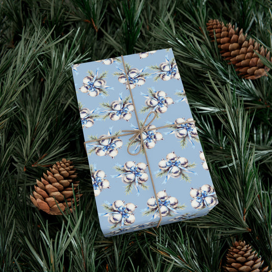 Botanical Cotton Flower Gift Wrap Paper — Blue Floral Wrapping Sheets for Weddings, Birthdays & Spring Celebrations