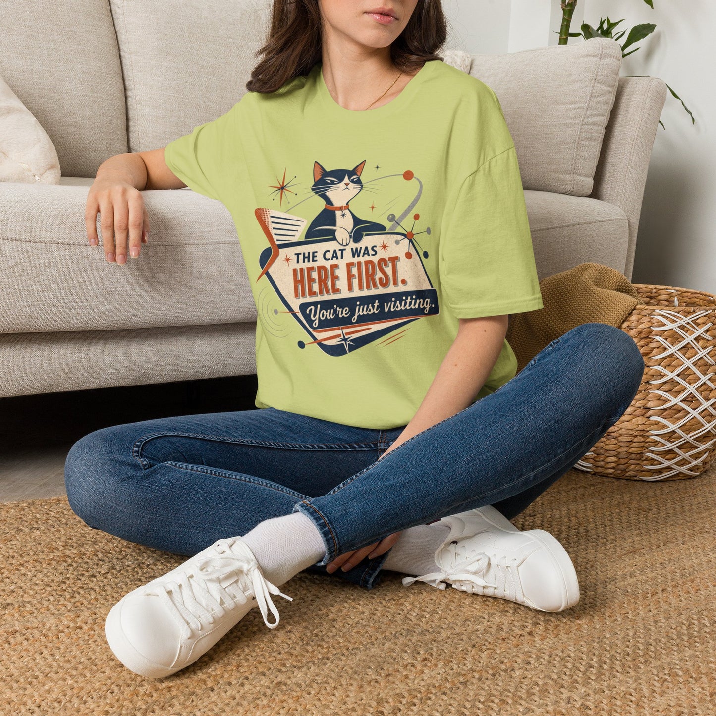 Cat Was Here First T-Shirt — Retro Mid-Century Kitty "You’re Just Visiting" Tee