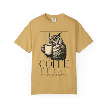 Coffee First Owl T-Shirt — Coffee Lover Graphic Tee