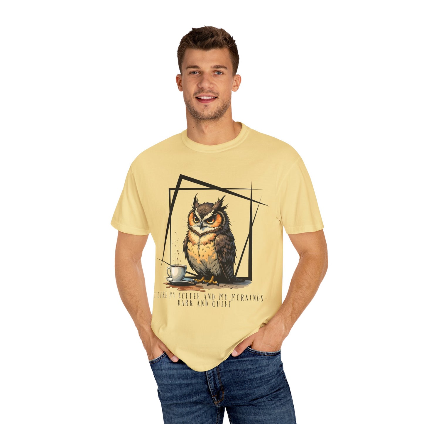 Owl & Coffee Graphic T-Shirt — 'A Day to Coffee and Contemplate'