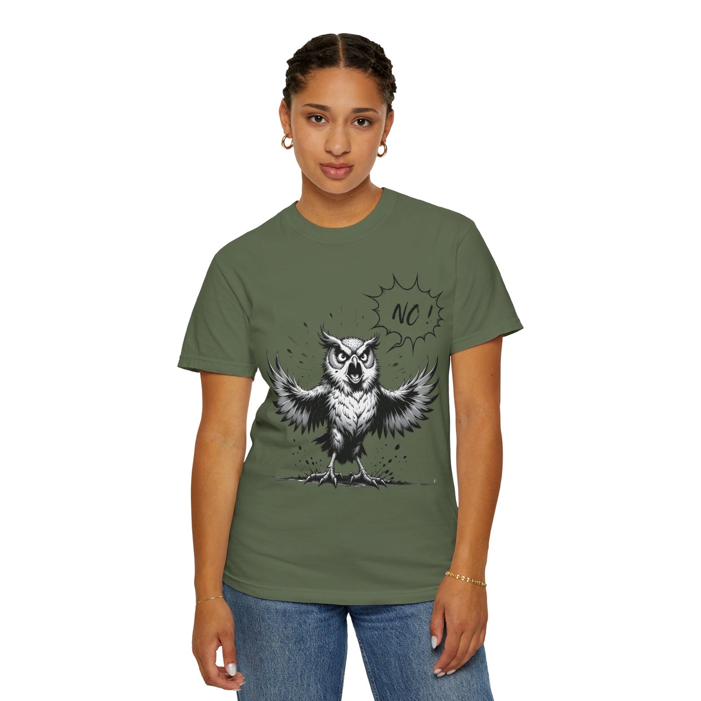 Owl Saying “No” Graphic T-Shirt — Bold Monochrome Illustration