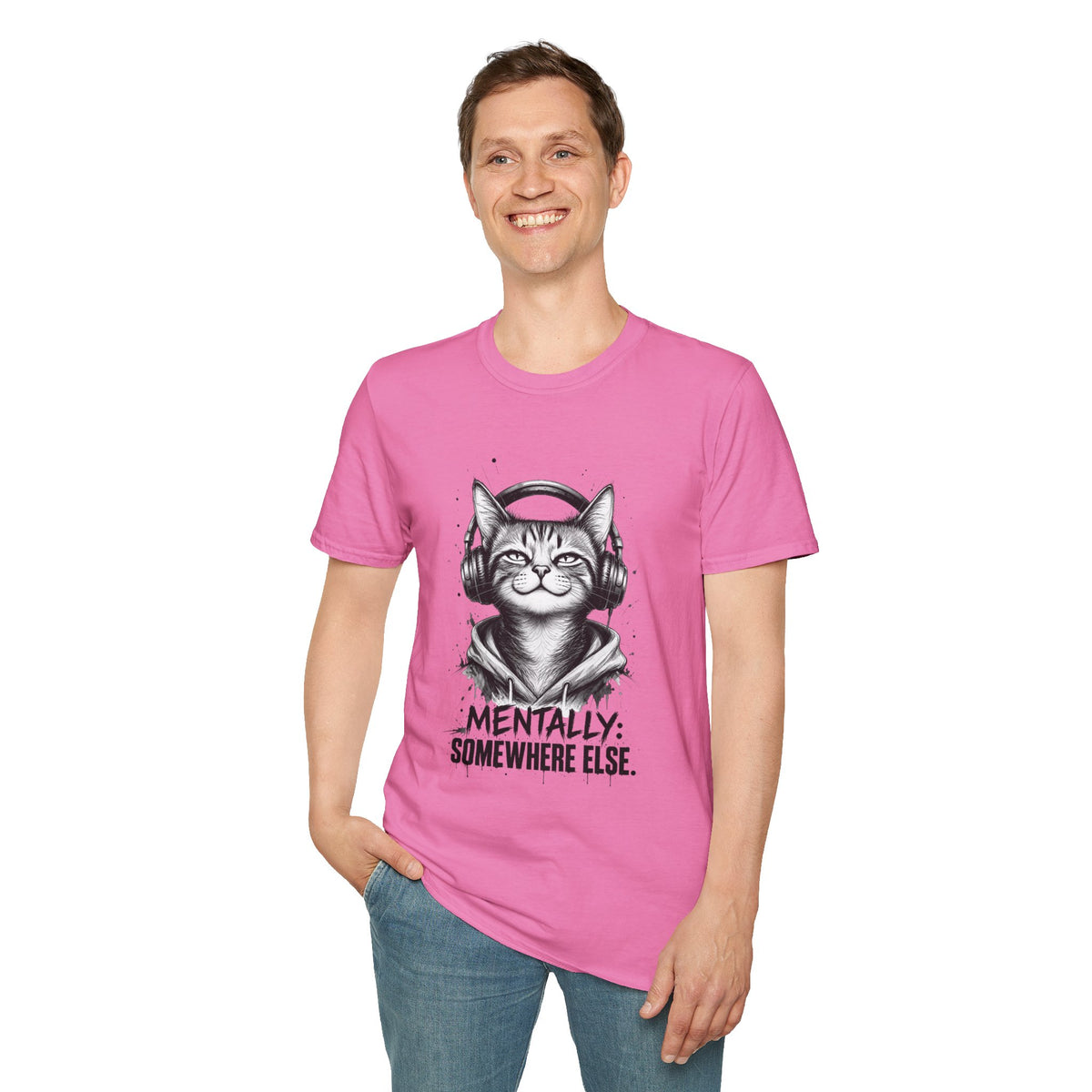 T-Shirt — Cat with Headphones "Mentally: Somewhere Else" – Cute Relaxed Graphic Tee for Cat Lovers