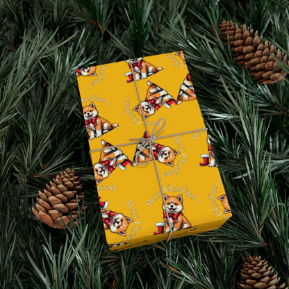 Dog Elf Pattern Gift Wrap Paper — Festive Shiba Inu Wrapping Sheets