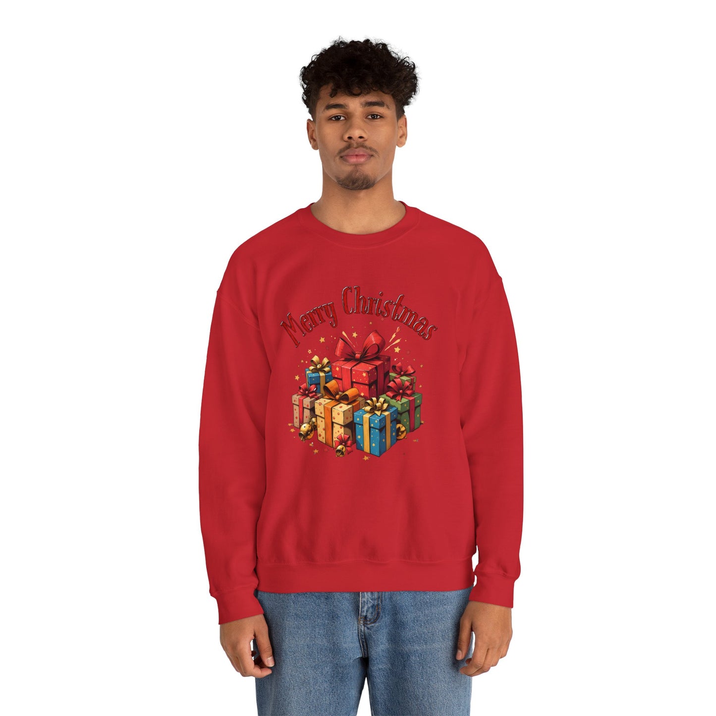 Christmas Crewneck Sweatshirt — "Merry Christmas" with Festive Gift Pile