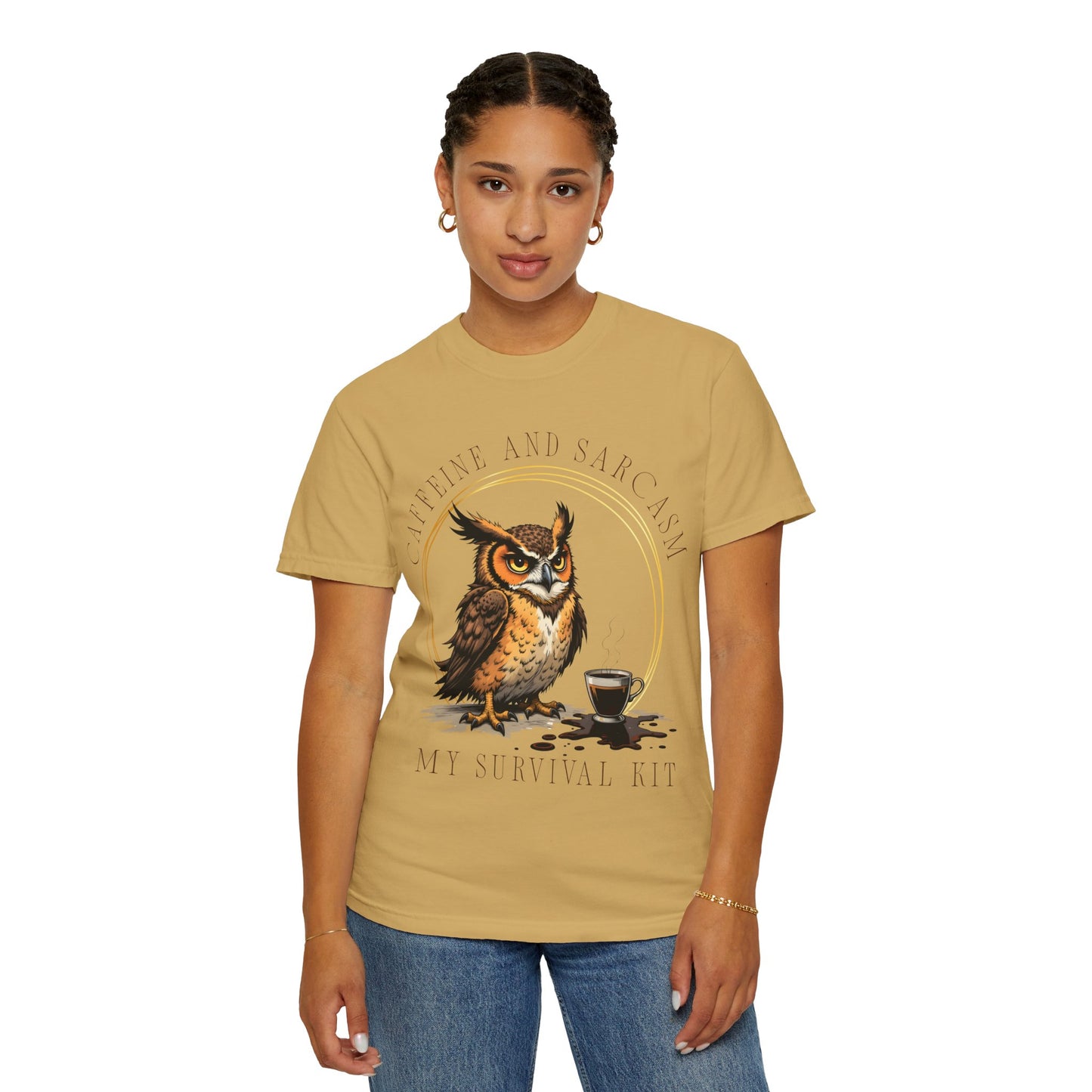 Coffee & Sarcasm Owl T-Shirt — "My Survival Kit" Graphic Tee