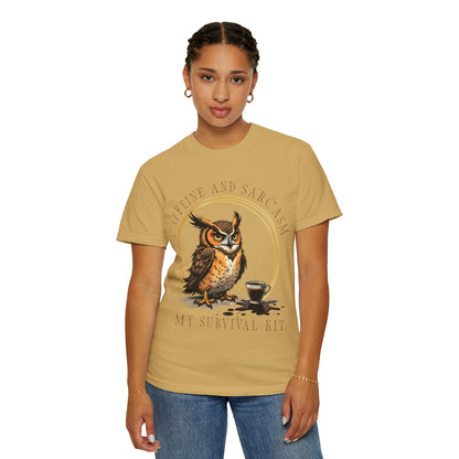 Coffee & Sarcasm Owl T-Shirt — "My Survival Kit" Graphic Tee