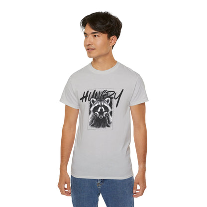 Hungry Raccoon Graphic Tee – Vintage Black & White Animal T-Shirt