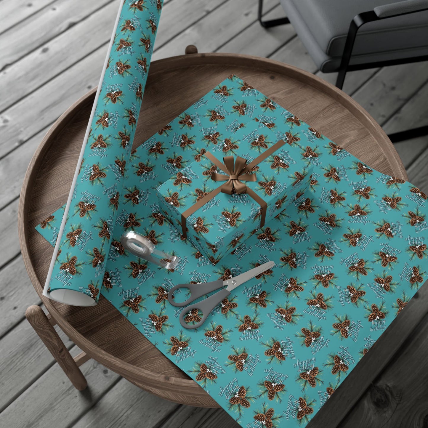 Pinecone & Spruce Teal Gift Wrap Paper – Rustic Holiday Wrapping Sheets