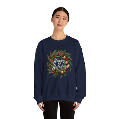 Christmas Wreath Crewneck Sweatshirt – Festive Pine & Ornaments Holiday Sweater