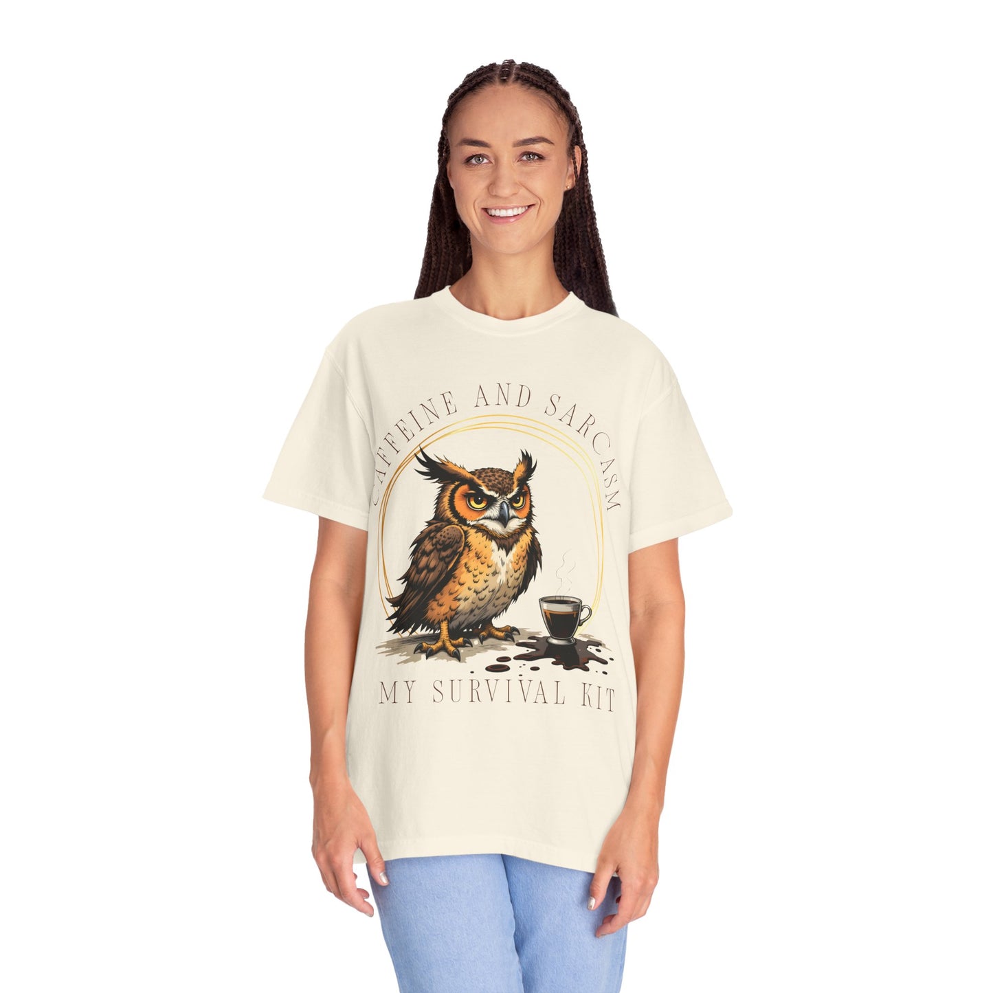 Coffee & Sarcasm Owl T-Shirt — "My Survival Kit" Graphic Tee