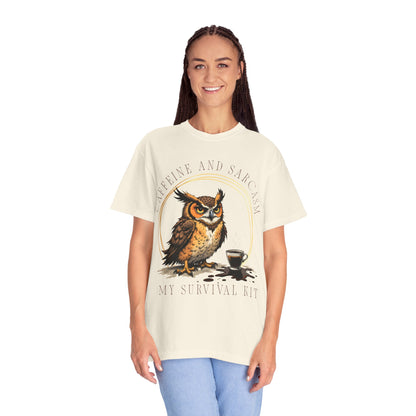 Coffee & Sarcasm Owl T-Shirt — "My Survival Kit" Graphic Tee