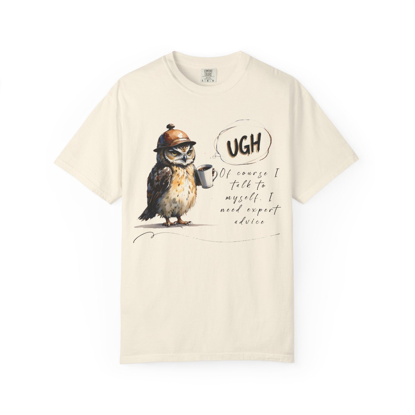 “Ugh” Owl Coffee T-Shirt — Cute Illustrated Owl Saying “UGH” with Coffee