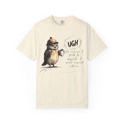 “Ugh” Owl Coffee T-Shirt — Cute Illustrated Owl Saying “UGH” with Coffee