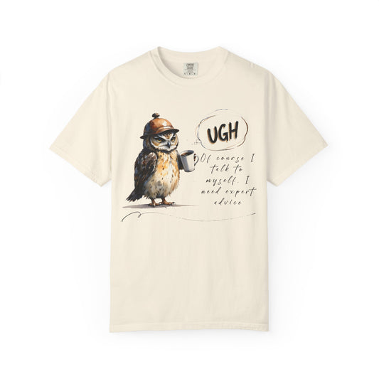 “Ugh” Owl Coffee T-Shirt — Cute Illustrated Owl Saying “UGH” with Coffee