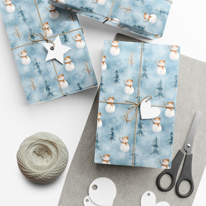 Snowman & Pine Holiday Gift Wrap Paper — Blue Winter Christmas Wrapping Sheets