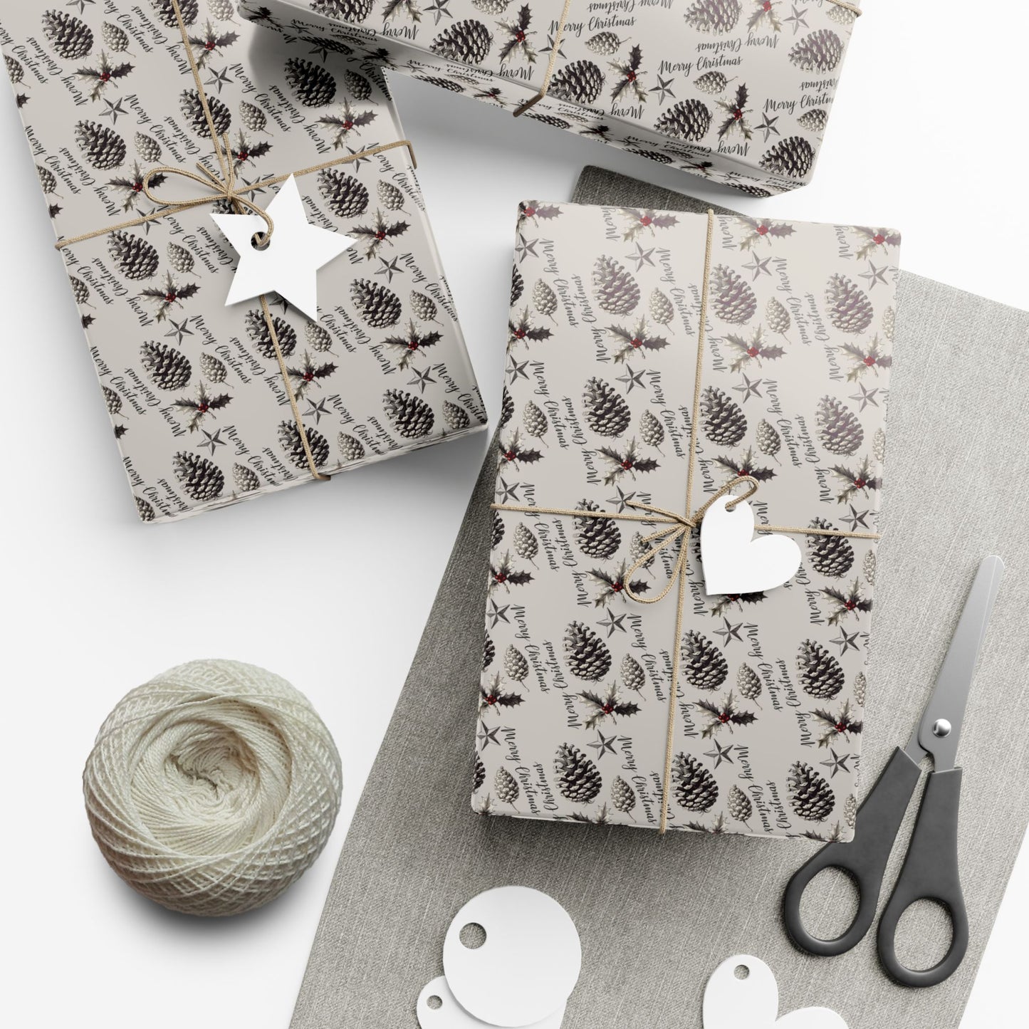 Gift Wrap Paper - Neutral Pinecone & Sprig Pattern, Rustic Holiday Wrapping Paper