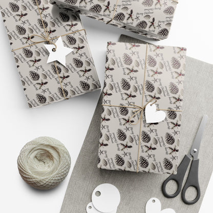 Gift Wrap Paper - Neutral Pinecone & Sprig Pattern, Rustic Holiday Wrapping Paper