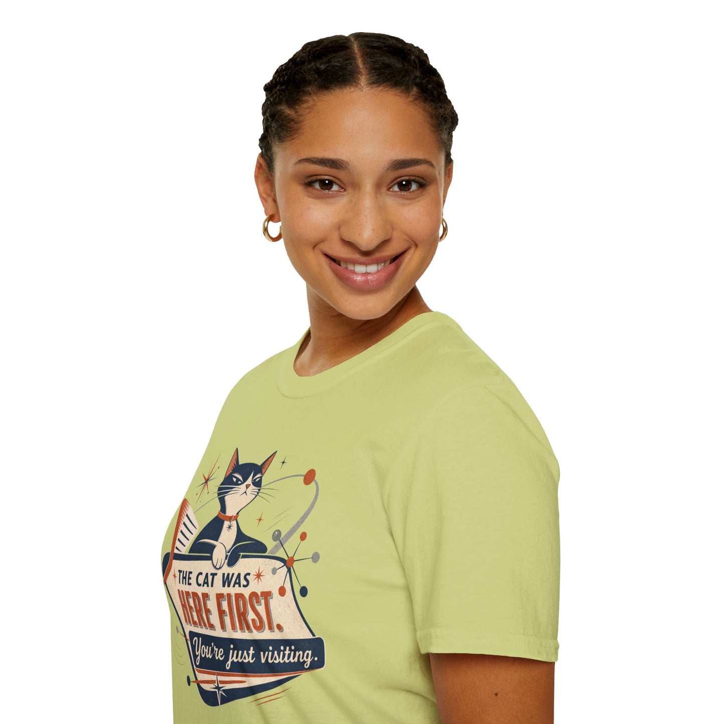 Cat Was Here First T-Shirt — Retro Mid-Century Kitty "You’re Just Visiting" Tee