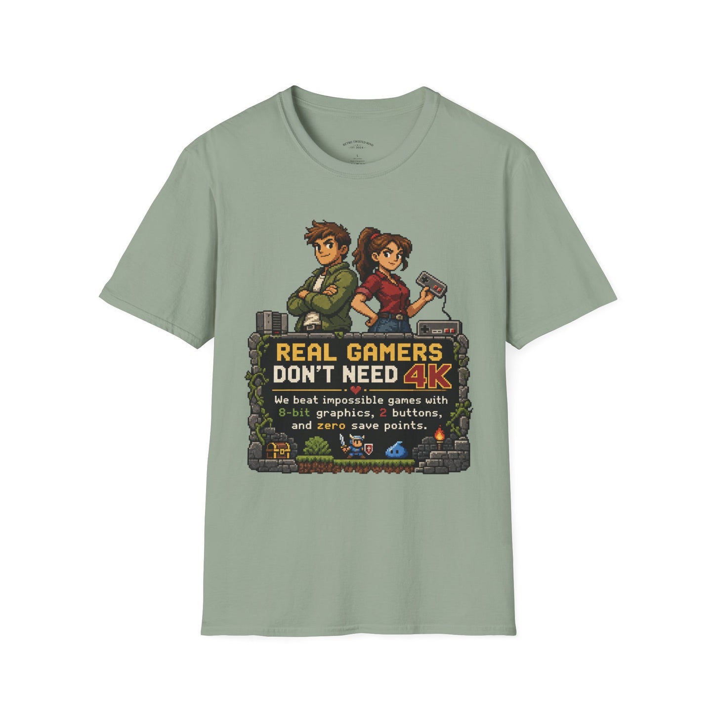 T-Shirt — Retro Pixel 'Real Gamers Don't Need 4K' Graphic Tee