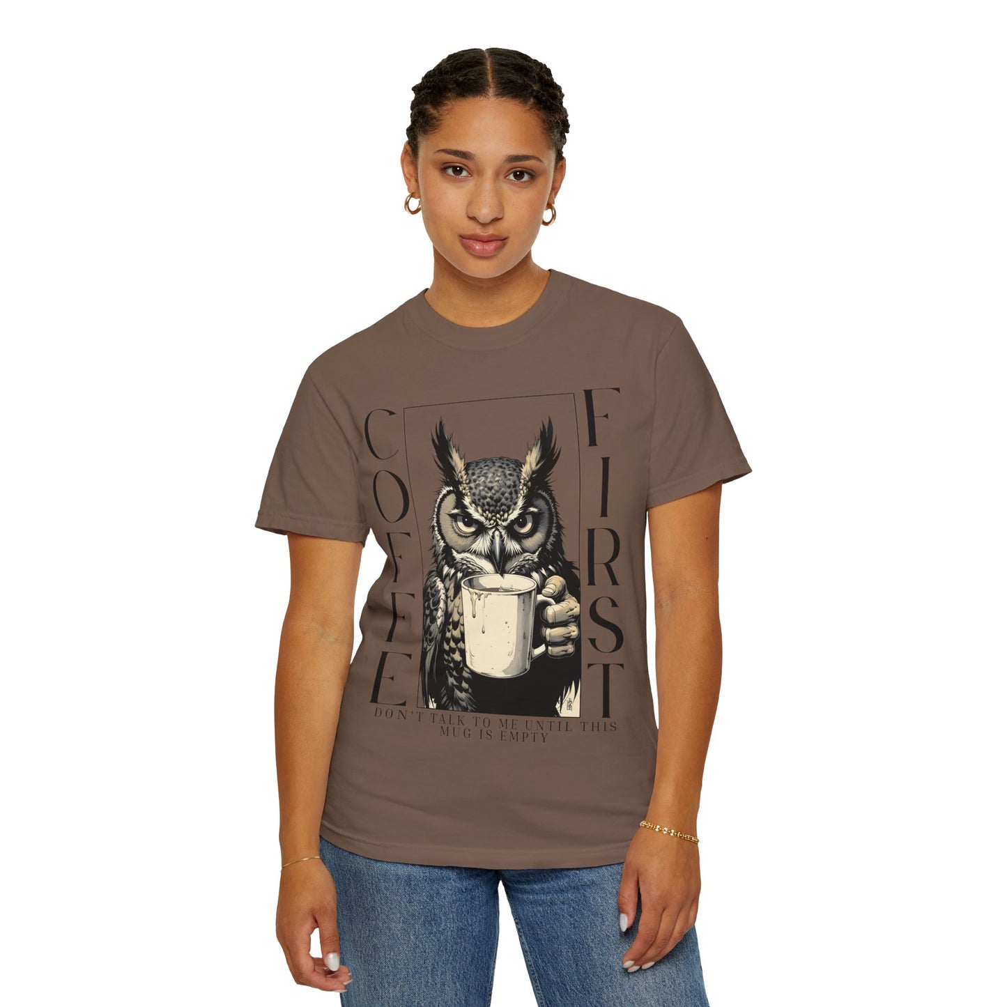 Coffee First Owl T-Shirt — Funny Morning Coffee Tee