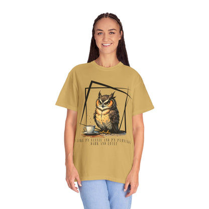 Owl & Coffee Graphic T-Shirt — 'A Day to Coffee and Contemplate'